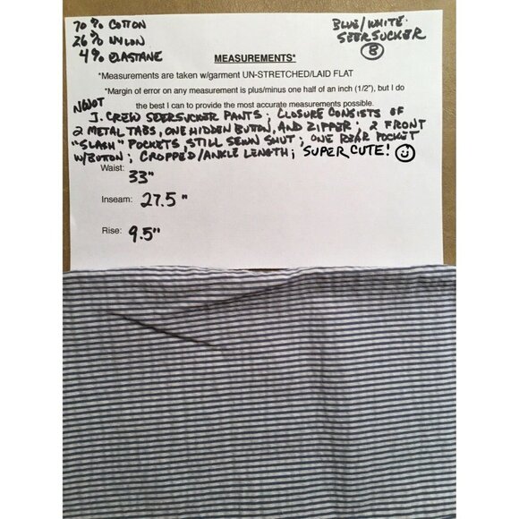 J. CREW Seersucker Slim Garden Ankle Pants, Blue/White stripes; NWOT, Size 8 - Picture 10 of 10
